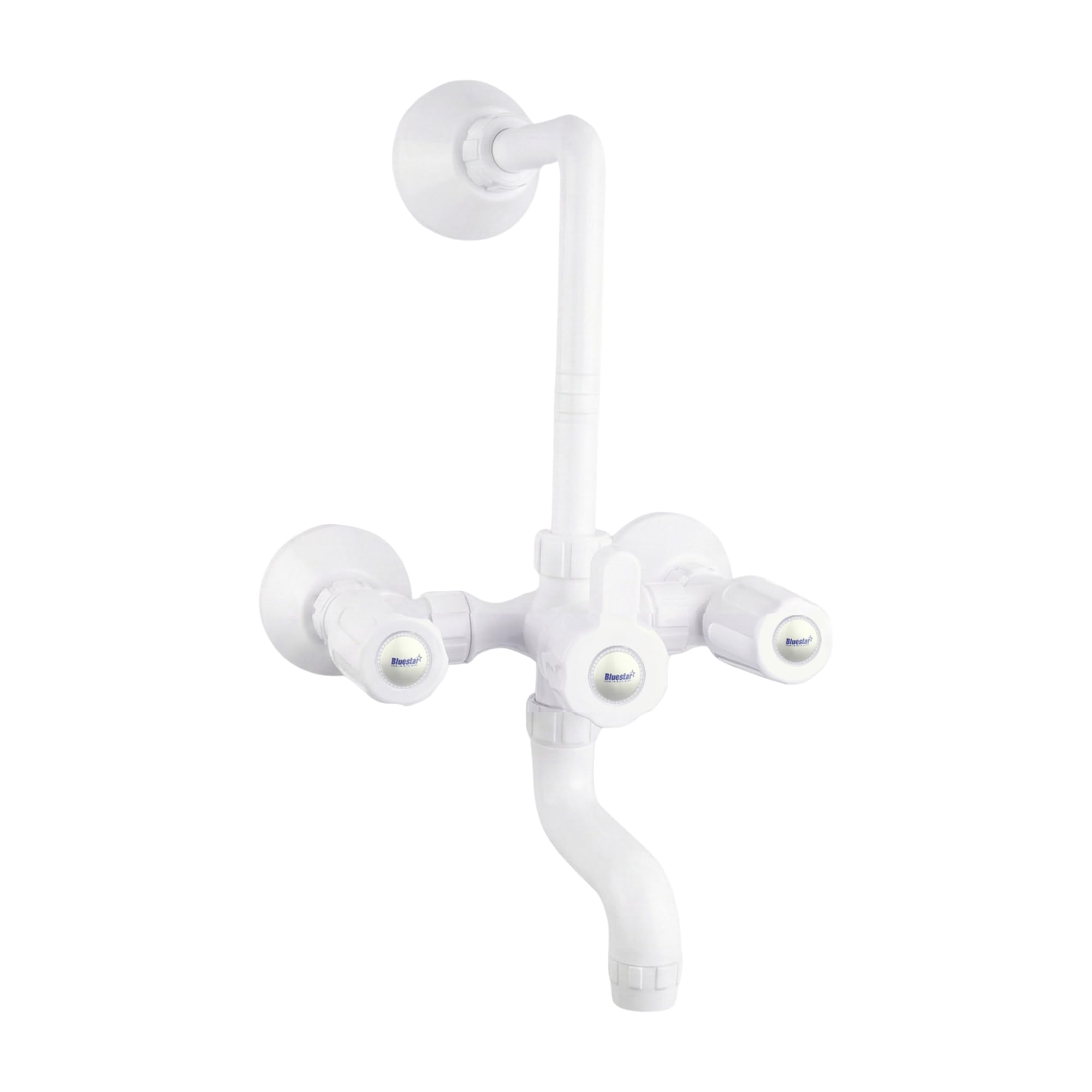 PTMT Standard Series 3-in-1 Wall Mixer with L-Bend Pipe | Hot & Cold Tap with Shower Provision | Includes Legs & Flanges | Foam Flow | Rust Proof PTMT Body & Anti Scratch (White)