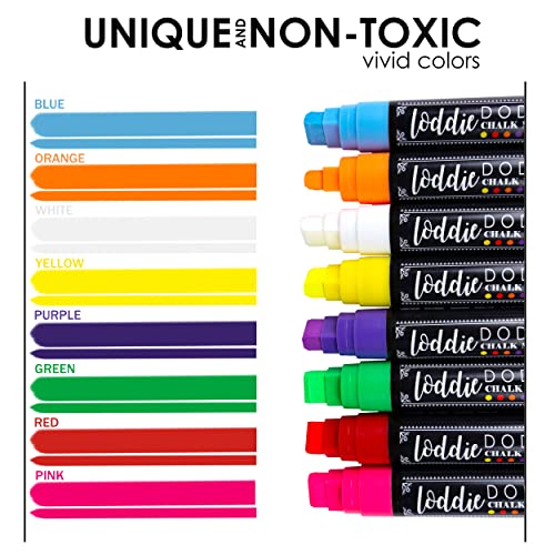 Image of Loddie Doddie Jumbo Chalkboard Markers - 8 Pack, Multicolor, 15 mm Chisel Tip - Easy Erase Smudge Proof Chalk Markers - Bold Bright Colors For Chalk Art - Versatile Dry Erase Pens for Glass