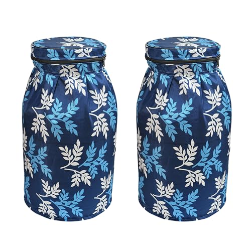 Woah Cotton DustProof and Dustproof LPG Gas Cylinder Cover| Top Design Stain| Dust| DustProof PVC LPG Gas Cylinder Cover, Polyester Gas Tank Cover Fits StandardG_ (Pack of 2, Blue Leaf)