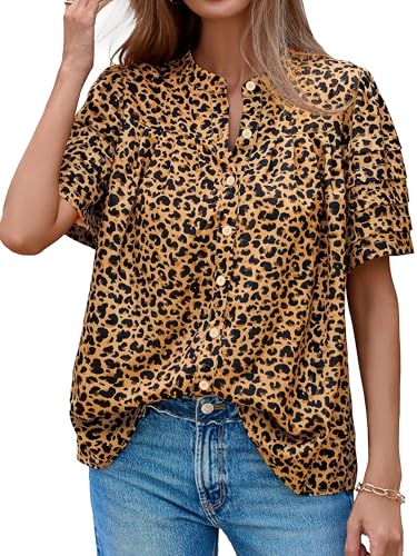 MASCOMODA Womens Tops Summer Boho Floral Short Sleeve Button Down Shirts Crewneck Loose Vacation Dressy Casual Work Blouses