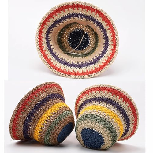 KORADI Girls Sun Hats Rainbow Straw Hat Kids Wide Brim Summer Beach Hats Hollow Out Bucket Hat 3-8 Years3