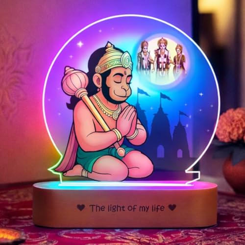 Image of ZOCI VOCI Hanuman Ji LED Lamp with Wooden Base - Bajrangbali Night Light for Pooja Room, Hanuman Photo Frame Light for Home Temple Decor, Spiritual Gift, Bedside Table Lamp (RGB Smooth - (No Remote))