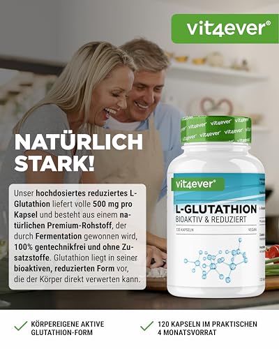 vit4ever L-Glutathion - 120 Kapseln mit 500 mg je Kapsel - Premium: Reduziertes & bioaktives Glutathion aus Fermentation - Hochdosiert - Vegan