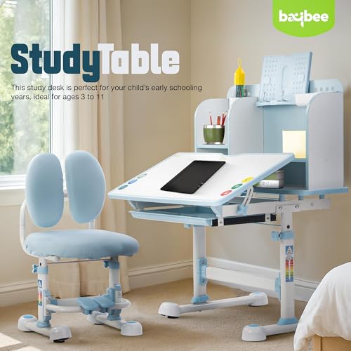 Image of BAYBEE Baby Study Table with Chair for Kids | Ergonomic Study Table with Height Adjustable Desk & Chair | Functional Study Desk with Book Storage, Drawer, Multi Shelf, Footrest for 2+ Years kids(Blue)