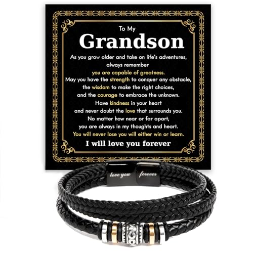 To My Grandson – Braided Leather Bracelet with Love You Forever Message, Thoughtful Gift from Grandpa & Grandma with Luxury Box – Ideal for Birthday, Graduation, Christmas For Grandson