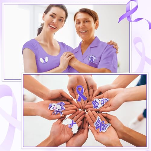 Image of 24 Pcs Purple Ribbon Awareness Pins Accessories Domestic Violence Items Epilepsy Awareness Hope Butterfly Accessories Gifts Bulk for Lupus Epilepsy Pancreatic Cancer Alzheimers Charity Party Supplies
