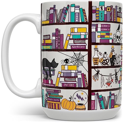 Halloween Spooky Book Library Coffee Mug, Gothic Witchy Bookish Gifts, Librarian Bookworm Bibliophile Cup (15oz)