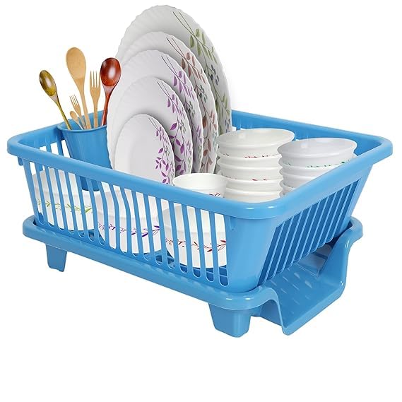 Simparte Neo Durable Kitchen Sink, Dish Rack Drainer, Drying Rack Design 4 Washing Basket with Tray for Kitchen (Blue)(Small Size)(Polypropylene)