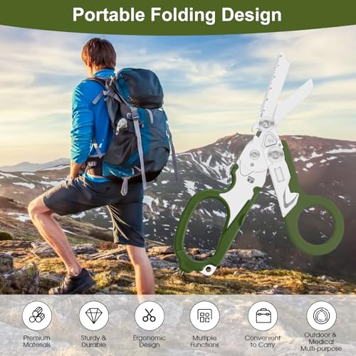 Image of 6 in 1 heavy-duty /trauma shears, Folding Retractable Emergency Shears, Outdoor Camping Tools, Seat Belt Cutter, Oxygen Cylinder Wrench, Complimentary Adjustable Wrench (army green)