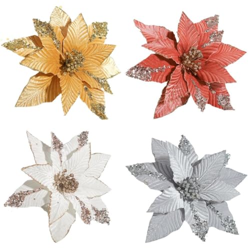 1/4 flores de Navidad de terciopelo con purpurina para árbol de Navidad, color rojo y blanco, regalo de flores de cabeza nueva 2025 para colgar año verde
