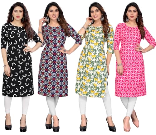 Image of JAKHANA Women's Crepe Printed Casual Straight Calf Length Round Nick Kurta Pack of 4