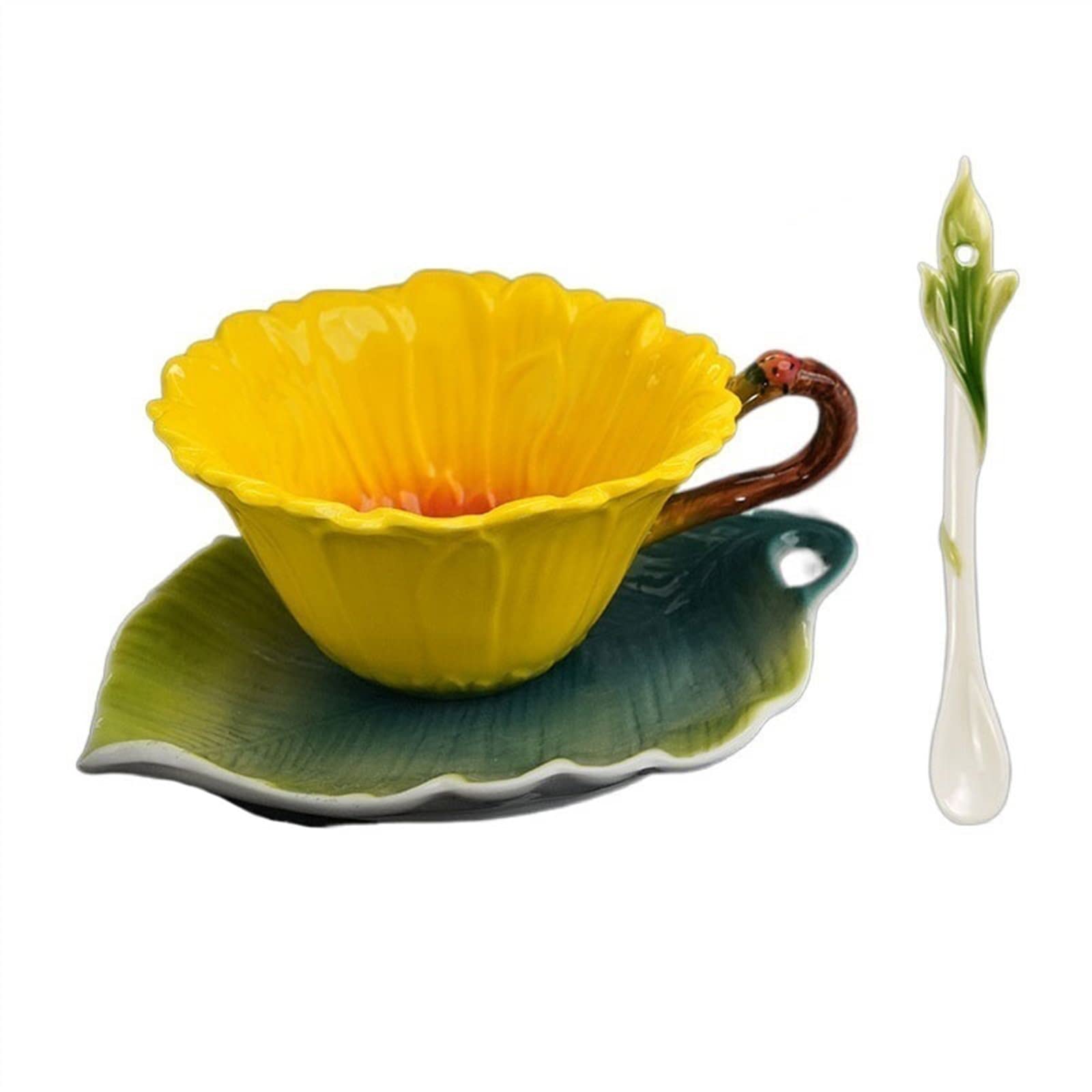 Zuhause Handbemalte Emaille-Farbtasse, kreative pastorale Keramiktasse, blumenförmige Kaffeetasse mit Tasse, Teller, Löffel Dekoration