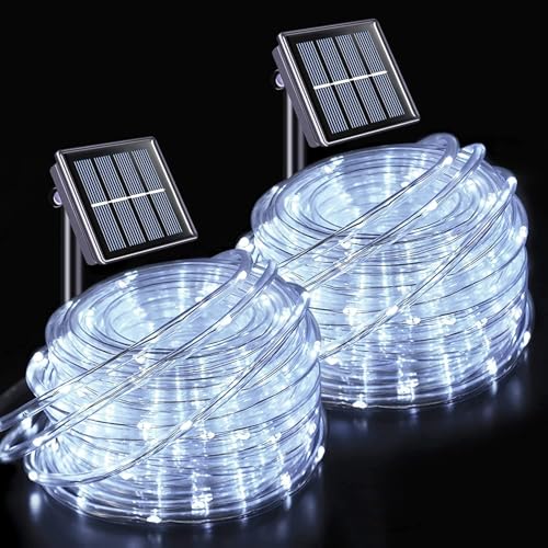 JMEXSUSS 2 200 LED White Solar Rope Lights 66ft IP 65 Waterproof Solar String Light Outdoor 8 Modes Christmas Lights for Camp Trampoline Ladder Slide Tent