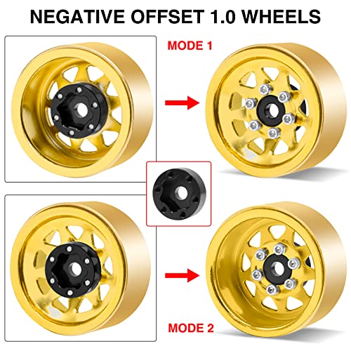 Image of OGRC 1.0 RC Wheel Rims with Brass Rings Deep Dish Wheel Rims 1.0 Beadlock Wheels for 1 /18 TRX4M 1 /24 SCX24 C10 JLU Deadbolt Gladiator Bronco Crawler Car (Yellow)