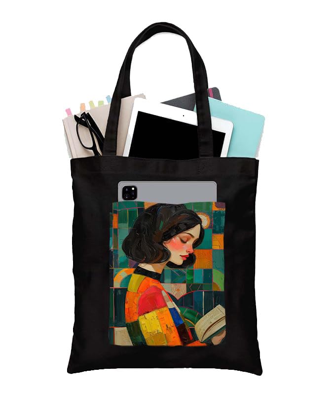 Image of Black Tote Bag With Pocket Printed Designed Canvas Tote Bags For Women large capacity,Tote bag For Shopping, College, Travel, More Canvas Handbag For Unisex Bag