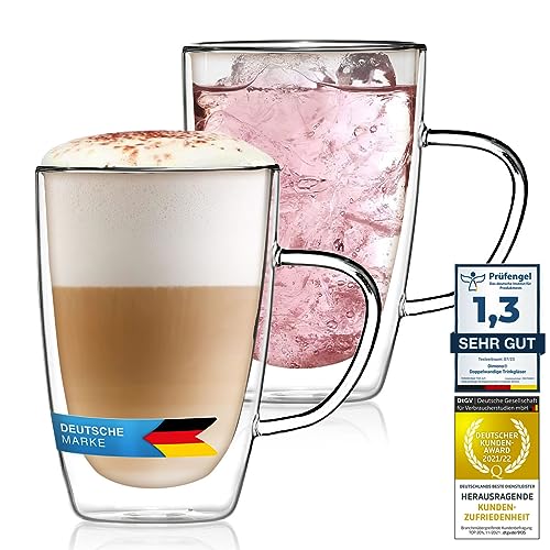 Doppelwandige Kaffeetasse Thermo-Gläser Set 400ml für Espresso Cappuccino, Teegläser Kaffeegläser Latte Macchiato Tassen, Schwebeeffekt mit Henkel (2 Stück)