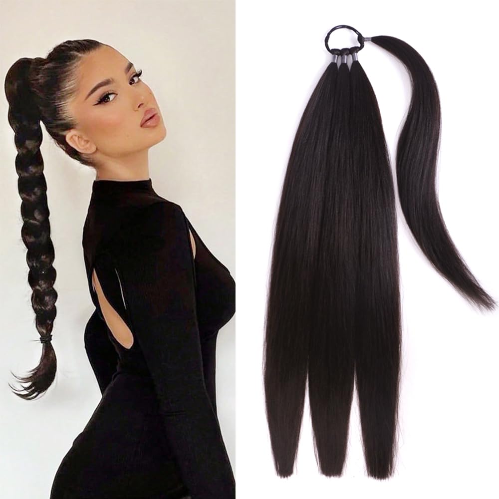 24 inch Braided Ponytail Extensions for Women,Straight Wrap Around Hair Extensions With Hair Tie,Black Brown Color DIY Hair Ponytail Extensions (2#-