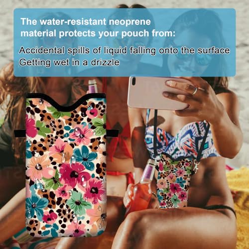 Image of Neoprene Cell Phone Sleeve Pouch Case Bag with Crossbody Strap Neck Lanyard for Women 7.1 X 3.9 in Floral Pattern