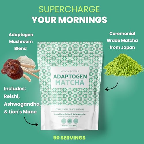 Organic Mushroom Matcha Powder - Ceremonial Grade Green Tea with Lion's Mane, Reishi & Ashwagandha Mushrooms, Superfood Latte Mix for Focus & Immune Support, by Moontower Matcha (50 Servings) - Image 4