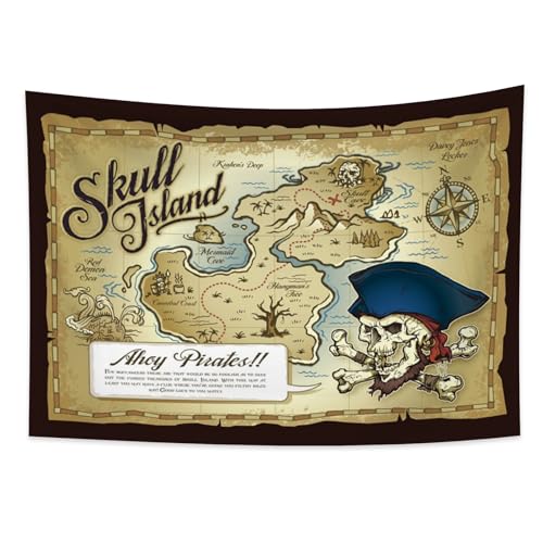 YONGFOTO Tapisserie Carte Au Trésor Pirate, Drapeau Pirate Trésor Île Crâne Vagues Océan Boussole Couverture Décoration Murale Poster Pour Salon Dortoir Tapis...