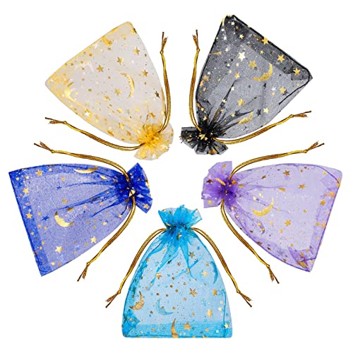 Fuyamp 100 pièces Sacs En Organza, 9 * 12cm Mélanger Couleur Organza Pochettes Sachet avec Motif étoile et lune Cadeaux Bijoux Quotidiens Ligne Or Ruban Sac de Bonbons pour Les Festivals de Mariage