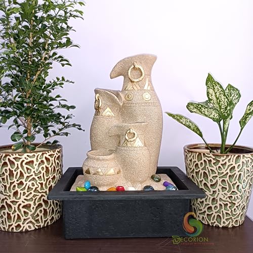 Image of Polyresin Designer Table Top Four Tier Fountain in Yellow Stone for Indoor, Outdoor, Home & Office Decor with Multicolour LED Light and Water Flow Control Pump (Jug & Matki D-065)