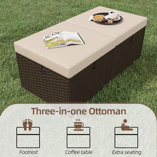 Image of HOMREST 3 Piece Patio Rattan Ottomans Set,Outdoor PE Wicker Footstool w /Removable Cushion, Storage Coffee Table & Multipurpose Footrest Stool for Porch, Poolside, Garden, Deck(Khaki)