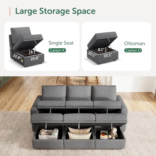 Image of HONBAY Modular Sectional Couch Sleeper Sofa Bed with Storage Seats Oversized Sectional Couches for Living Room,Grey