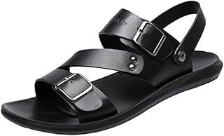 Men's Leather Buckle Casual Flat Sandals with Adjustable Dual use Ankle ...