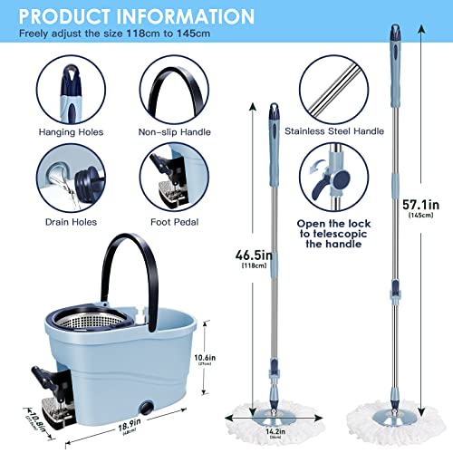 Ozd Mop And Bucket With Wringer Set, Spin Mops With Bucket And Foot Pedal, 360 Spinning Mop With 57'' Adjustable Handle, Microfiber Mops For Floor Cleaning, With 5 Washable Mop Head Refill & 5 Cloths #TOP4