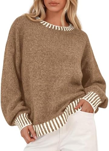 KIRUNDO Oversized Sweaters for Women 2025 Long Sleeve Crewneck Fall Tops Contrast Chunky Knit Pullover Winter Clothes