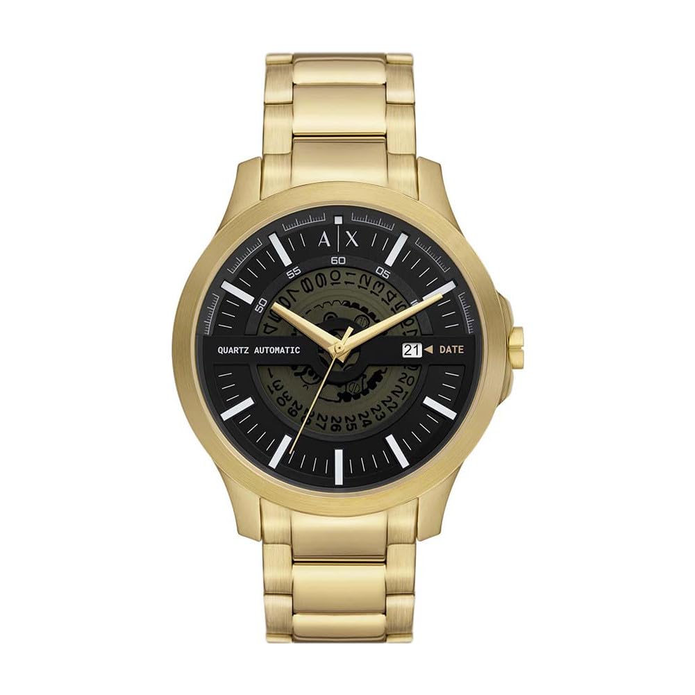 Armani Exchange Watch For Men, Quartz Three hand date Movement and 46mm Case Size with Stainless steel strap, Gold tone and black