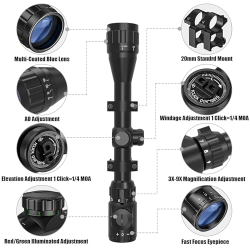 UUQ 3-9x40AO-32AO Rifle Scope with Red & Green Illumination - Long Range Hunting Optics for Air Sniper, Crossbow, Airsoft, Pellet Gun, BB, Airgun - Waterproof, Fog-Proof