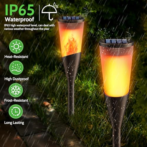 Solarlampen für Außen Gartenfackeln, 6Stück 2Modi Solarleuchten für Draußen,IP65 Wetterfest Fackeln Lampe,Solar Bodenleuchten mit Realistischen Flammeneffekt für Gartenbeleuchtung,Weg,Hinterhöfe,Rasen 4