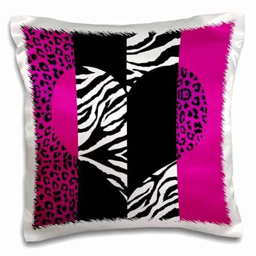 3dRose Pink Black and White Animal Print-Leopard and Zebra Heart-Pillow Case, 16 by 16