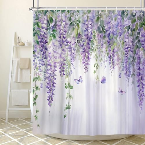 Purple Lavender Floral Butterfly Shower Curtain Spring Purple Lilac Flower Leaves Fabric Shower Curtains Set for Girl Bathroom Decorative Watercolor Restroom Decor Accessories with Hooks 72X72 Inch