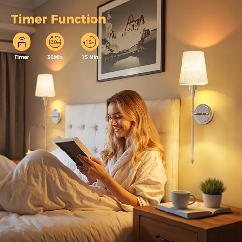 Image of DORESshop Battery Operated Wall Sconce Set of 2, 7 Color Wireless Wall Light Easy to Install, Sconce Wall Decor Set of 2 for Bedroom, Living Room, Fabric Linen Shade, Chrome, 24.6in