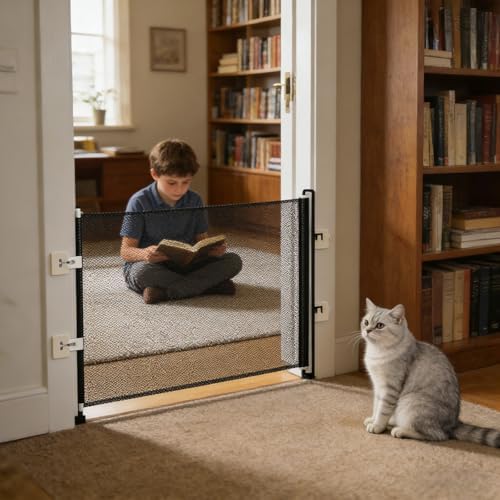 Retractable Dog Gate No Drilling, Pet Safety Barrier Fence for Doorway Hallway Stairs Kitchen Bedroom Balcony Garage Garden Patio (Black,18x49inch) — view 5