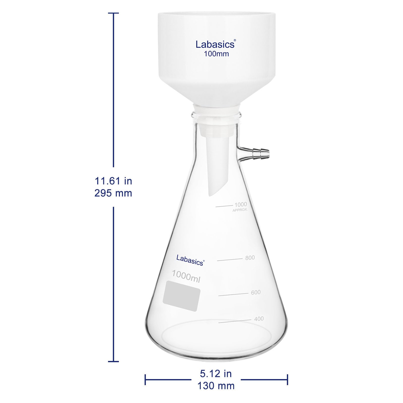 Labasics Entonnoir Büchner en Porcelaine, Entonnoir Buchner de 100 mm de Diamètre Extérieur et Fiole 1 L en Borosilicate avec Adaptateur Caoutchouc pour Laboratoire