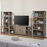 AMERLIFE Industrial Farmhous 68" TV Stand for TVs up to 70" & Set of 2 Industrial Metal X Back Bookshelf, 64", Rustic Wash Grey