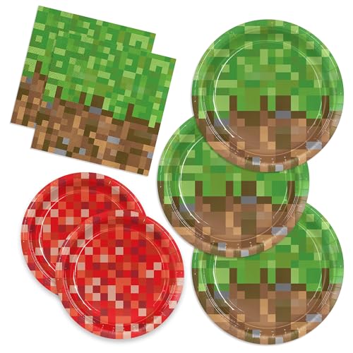 Pnuocax 150Pcs Pixel Birthday Party Plates Napkins Pixel Party Supplies Paper Disposable Tableware Set Birthday Party Decorations for Kids Serve 50 Guests