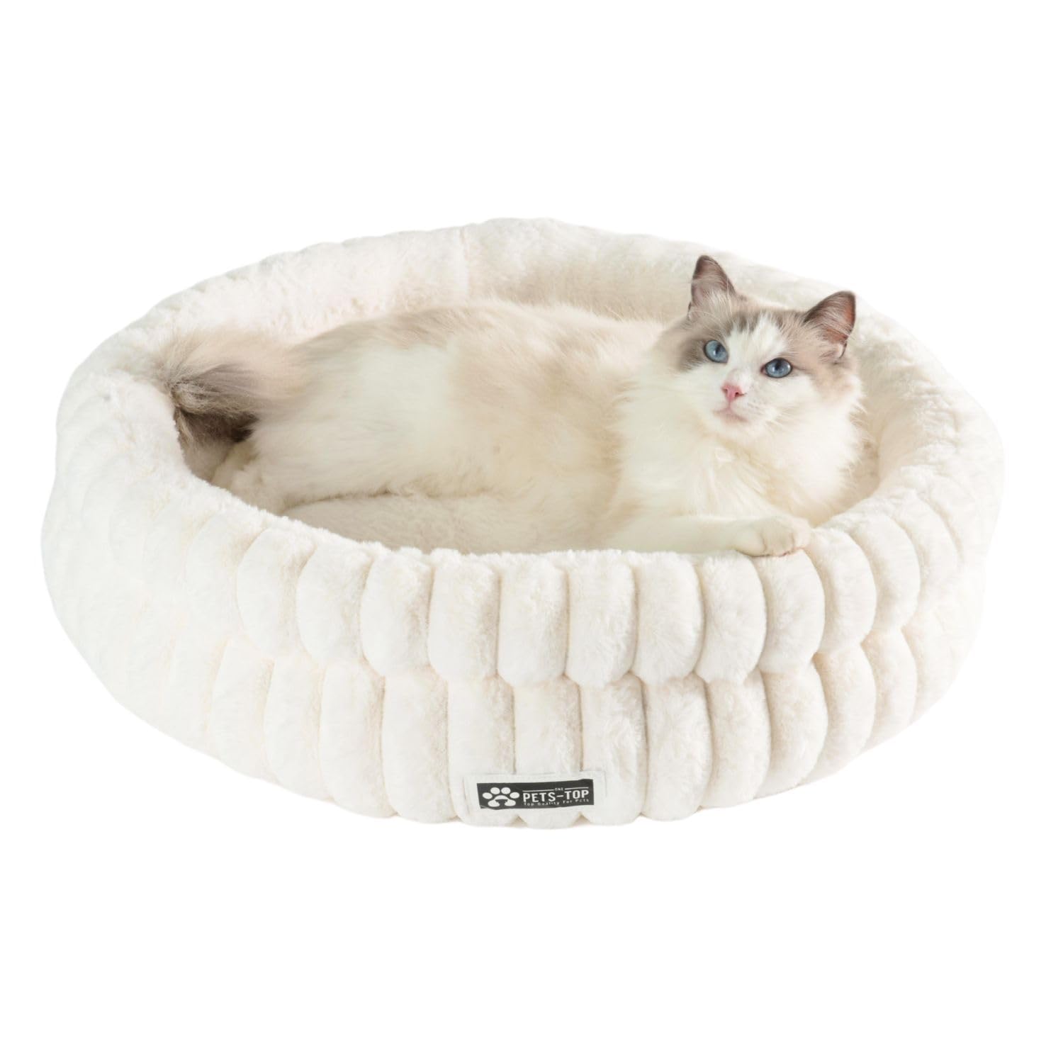 One PETS-TOP Katzenbett flauschig – Katzenkissen rund weich – Cat Bed waschbar – Schlafplatz für Katze & kleine Hunde – rutschfest Katzenbett (Weiß, 60cm)