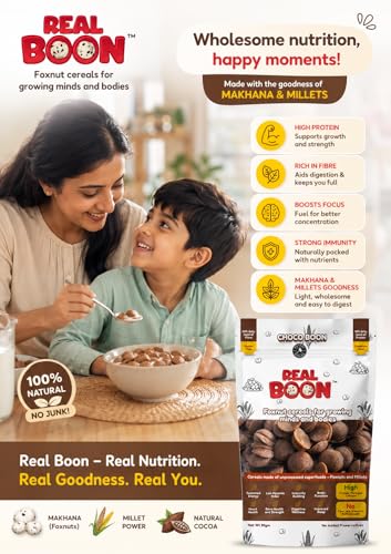 Image of Real Boon Makhana Millet Choco Cereals | High Protein, Gluten Free, Low GI, Vegan & Fiber Rich | Healthy Breakfast for Kids & Adults | Chocolate Flavor | Pack of 2