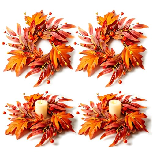 Image of 4 Pcs Mini Fall Wreaths Thanksgiving Table Centerpieces Fall Candle Rings 9 Inch Maple Leaf Wreaths for Cabinets Farmhouse Autumn Wreath for Front Door Porch Wall Window Decorations