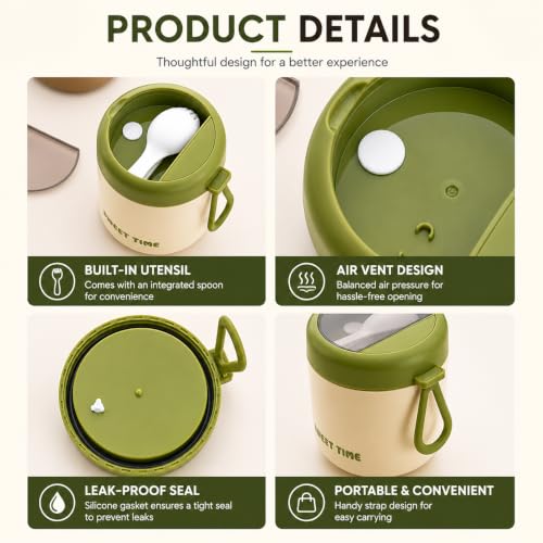 Image of Portable Food Container 430ml with Spoon | Silicone Sealed Lid & Pressure Release Vent | Compact Lunch Pot with Carry Loop for Snacks Meals Office School & Travel - White