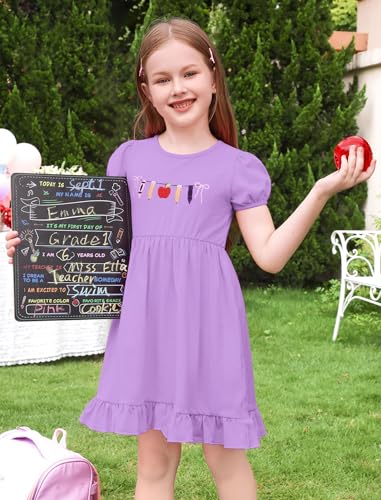 ODASDO Girls Back to School Dress Apple Pencil Embroidered Short Sleeve Ruffle Swing Twirly Dress Summer Outfit4