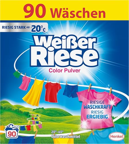 Weißer Riese Color Pulver (90 Waschladungen), Colorwaschmittel mit riesiger Waschkraft schon ab 20° C, riesig ergiebiges Waschpulver, ideal für Familien mit Kindern
