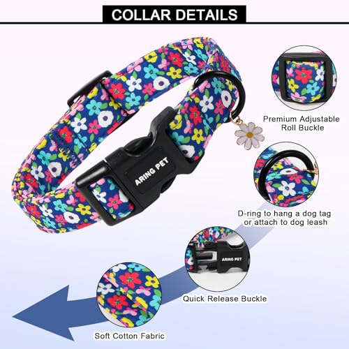 Image of ARING PET Girl Dog Collar, Cute Spring Summer Blue Daisy Floral Pet Collars for Puppy Small Medium Large Female Girly Dogs-XL, for Daily Outdoor Walking Training