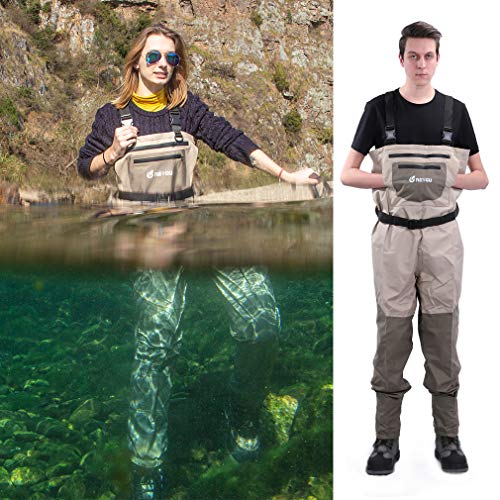 NEYGU Breathable & Waterproof Wader Attached 4MM Neoprene Stockingfoot,fit for Fishing, Hunting, Camping Quick-Dry Chest Wader Protect User from Cold,Tan 3XL