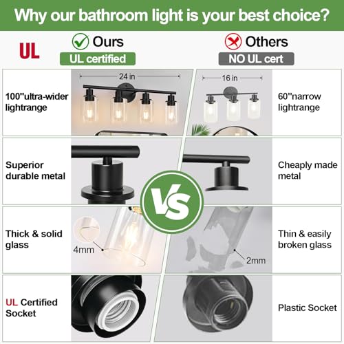 Image of 4-Light Bathroom Light Fixtures, Matte Black Modern Vanity Lights Over Mirror with Clear Glass Shade, Bathroom Wall Lamp for Mirror Kitchen Living Room Hallway Cabinet Porch Bedroom Reading room